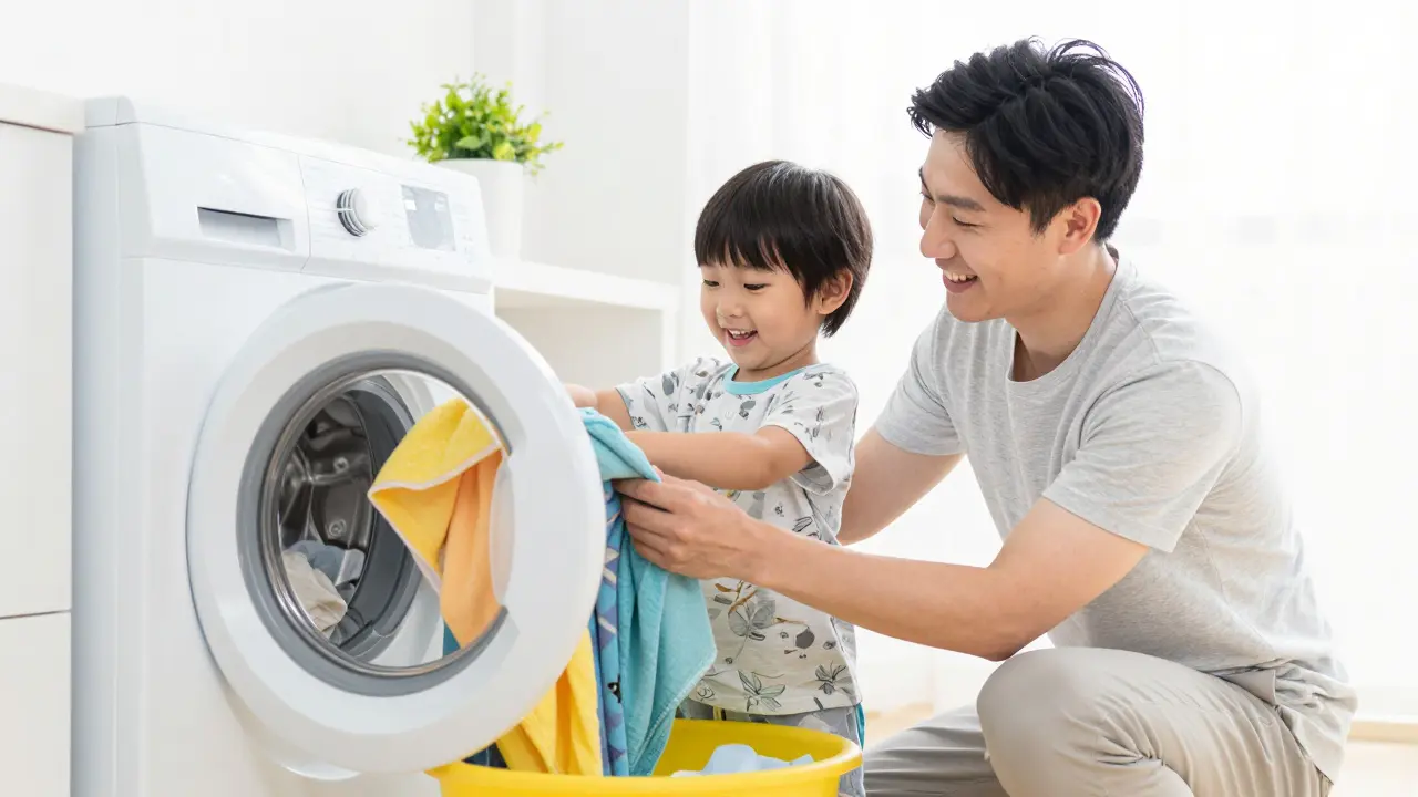 Rodič a dítě společně a s úsměvem perou prostěradlo v práčce
