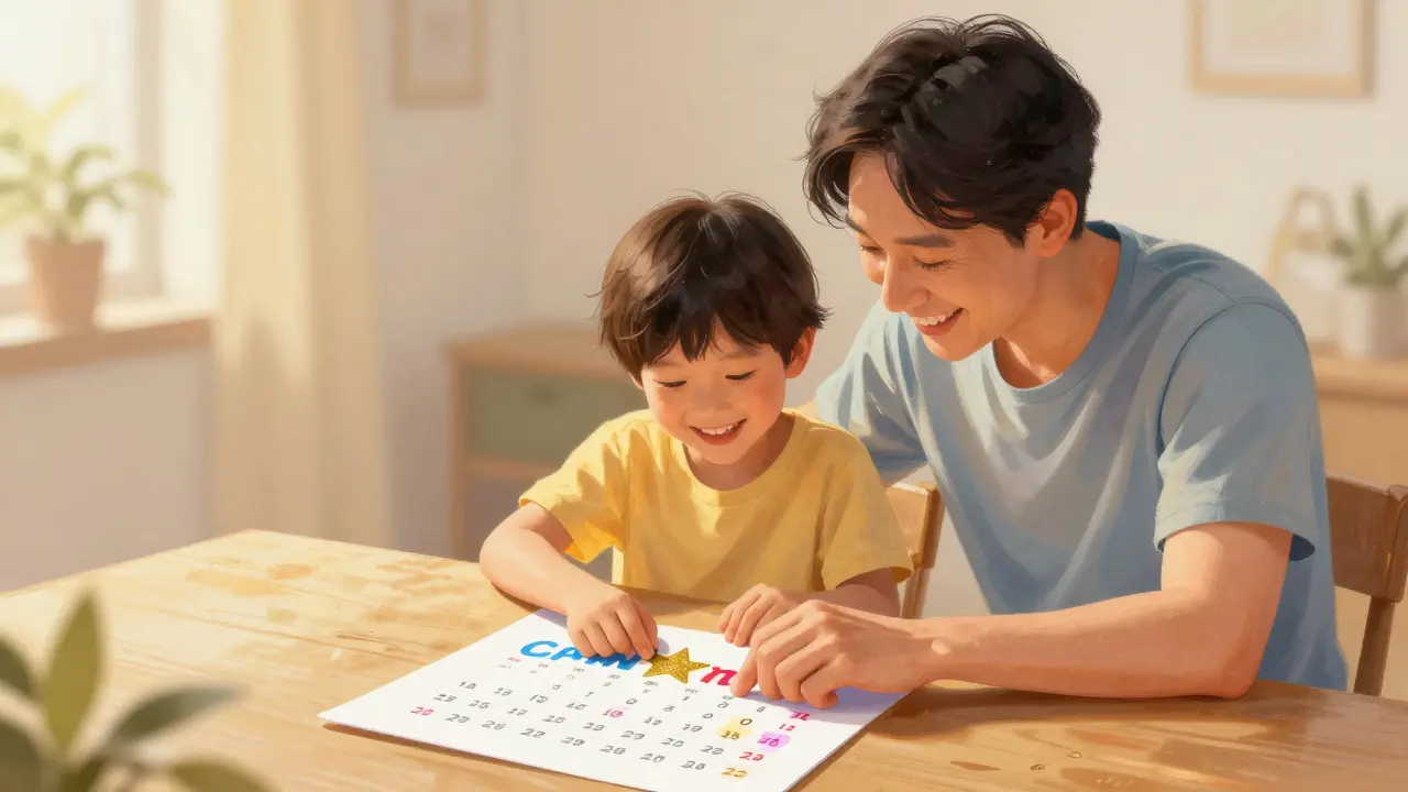 Rodič a dítě společně lepí hvězdičku do tabulky úspěchů.