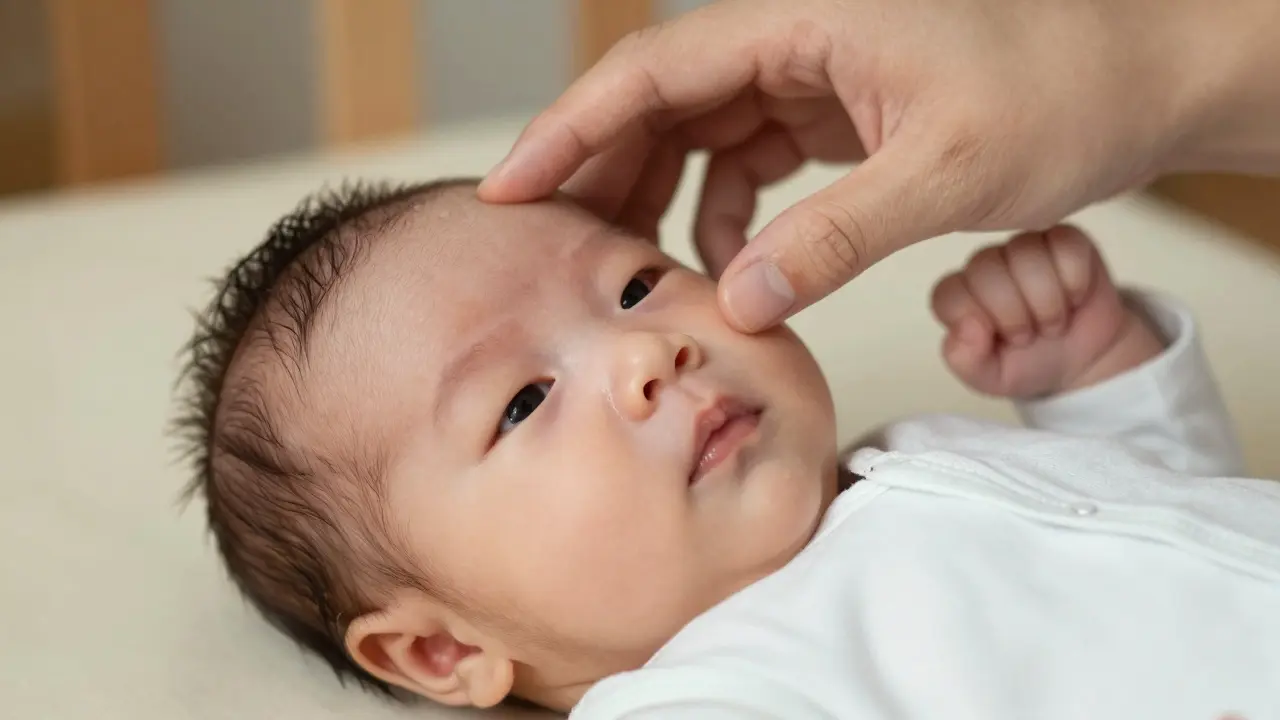 Rodič jemně kontroluje fontanelu novorozence na temeni hlavy.