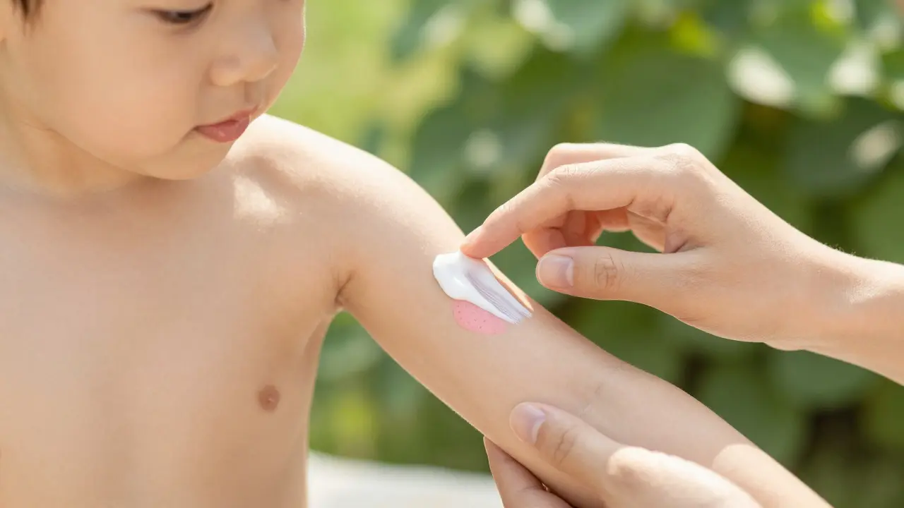 Rodič nanáší opalovací krém na vybledlou jaterní skvrnu u dítěte