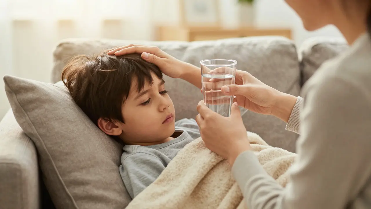 Rodič pečující o nemocné dítě s vodou a odpočinkem.