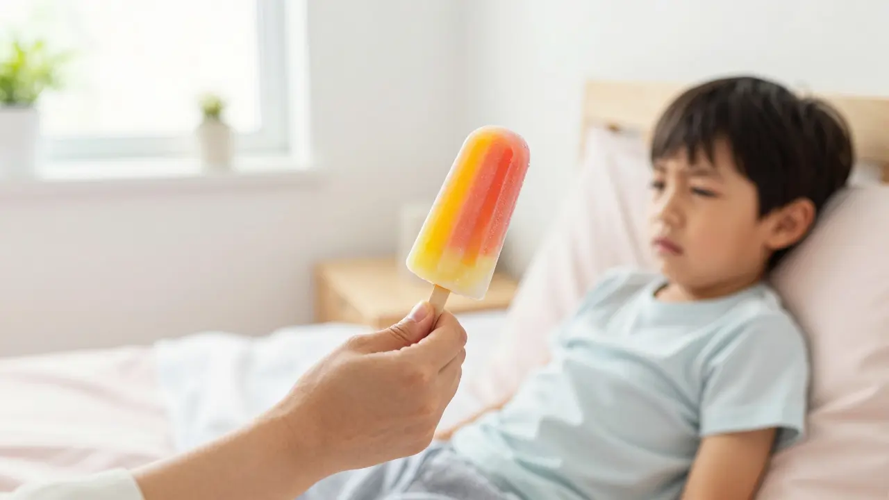 Rodič podává dítěti zmrzklý dýňový vrátý jako úlevu od bolesti