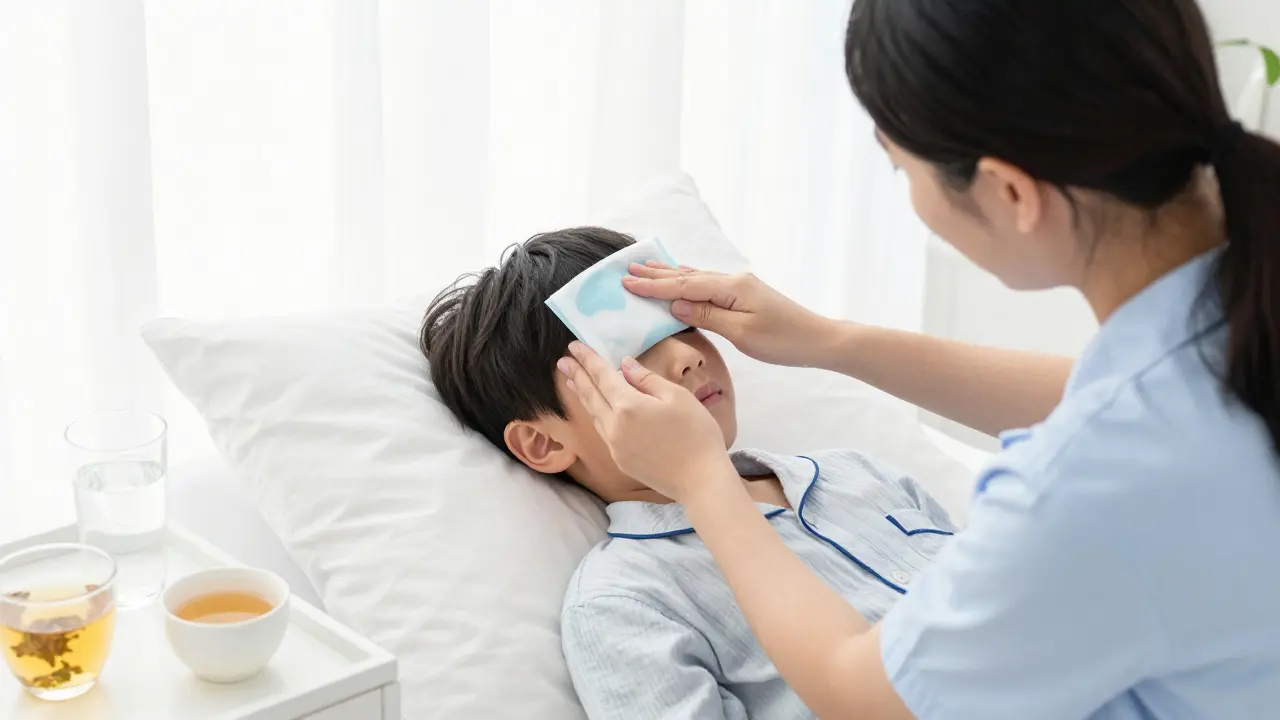 Rodič přikládá vlažný obklad na čelo odpočívajícího dítěte.