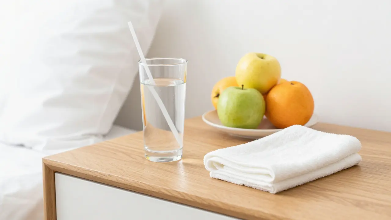 Sklenice vody a vlažný obklad na stole jako alternativa k lékům.