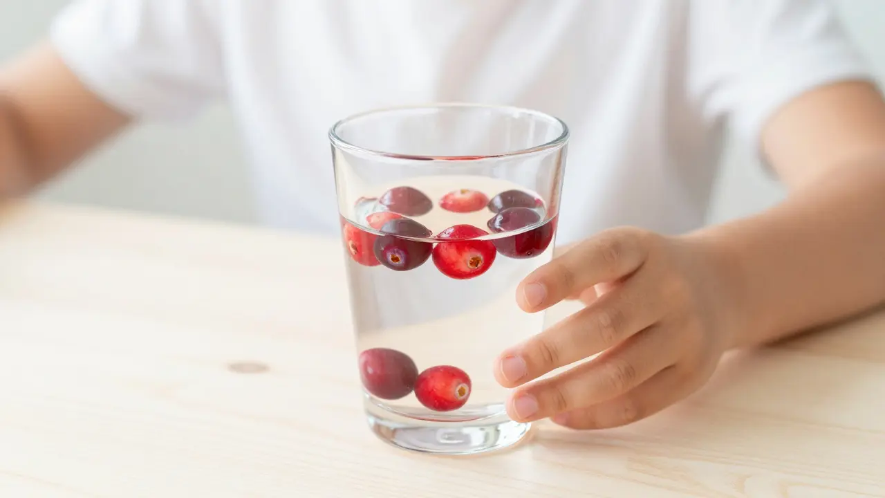 Sklenice vody s brusinkami na stole, symbolizující hydrataci a zotavení dítěte.