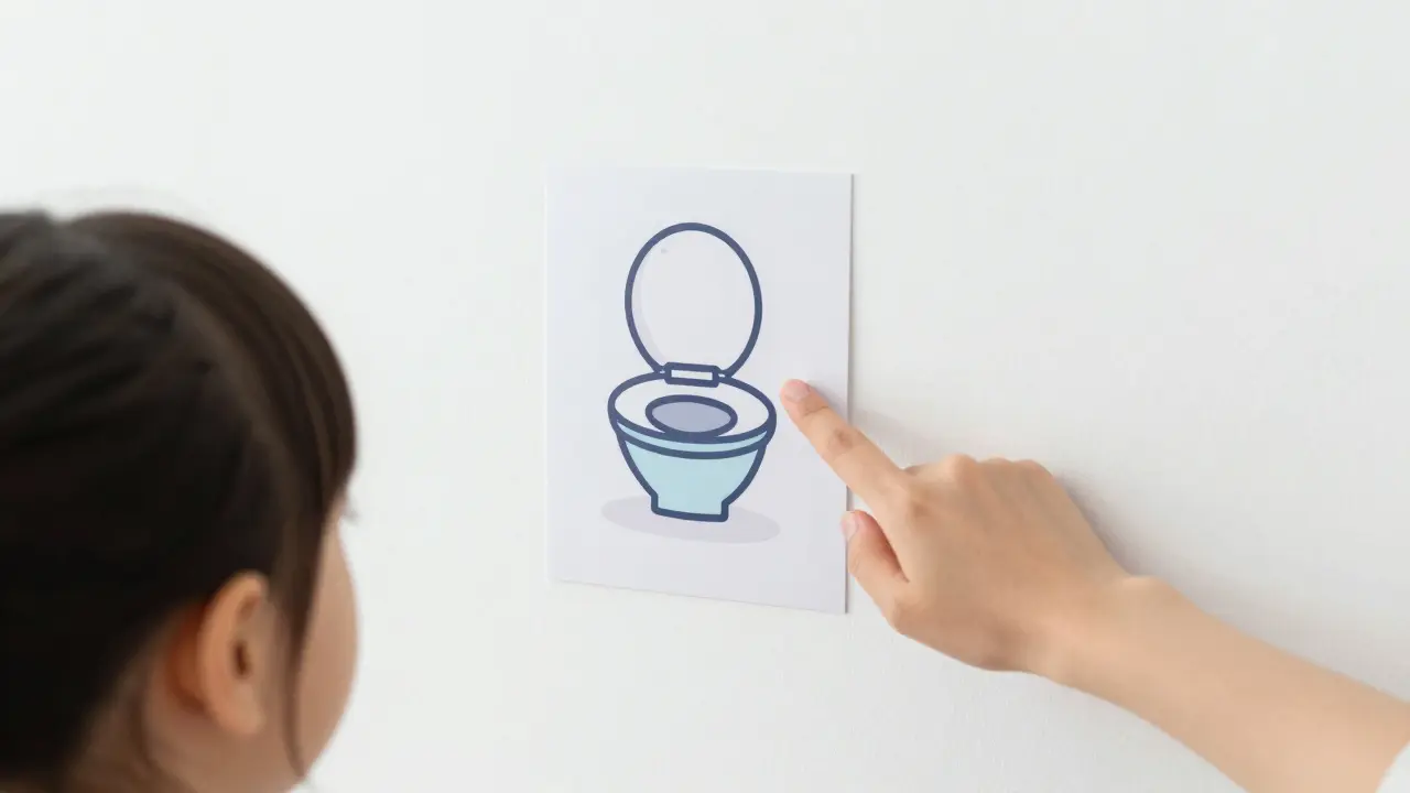 Vizuální pomůcka s obrázkem nočníku na stěně v úrovni dětěných očí.