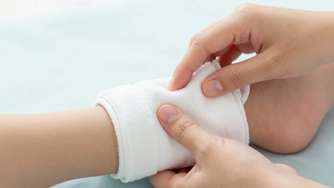 Vlažné obklady z bílých ručníků aplikované na zápěstí a kotník dítěte.