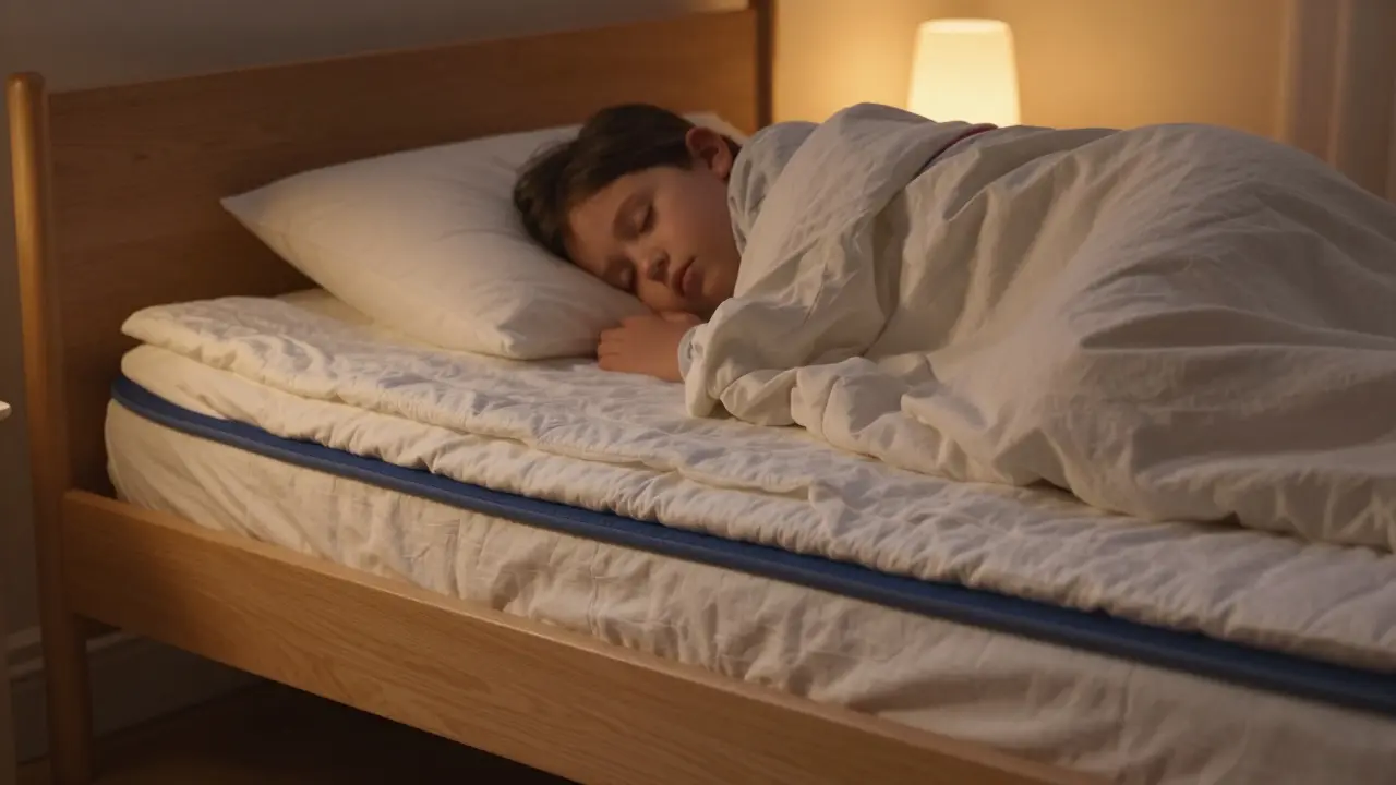 Vrstvená postel s ochrannými vrstvami a spící dítě v noci