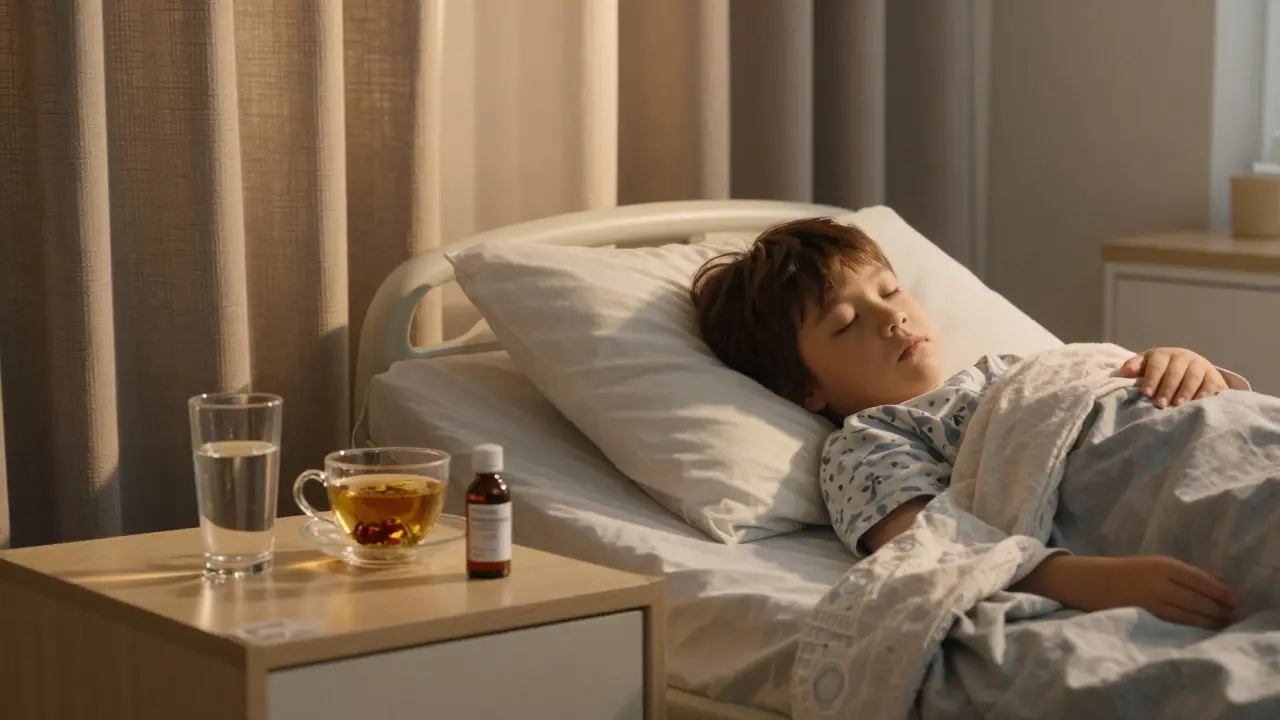 Zatemněný pokoj s vodou a čajem pro péči o nemocné dítě