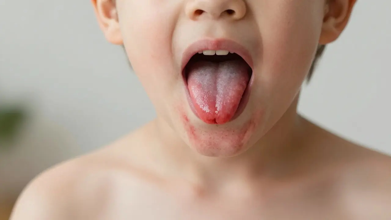 Dítě se spálou, červený jazyk a vyrážka na kůži krku