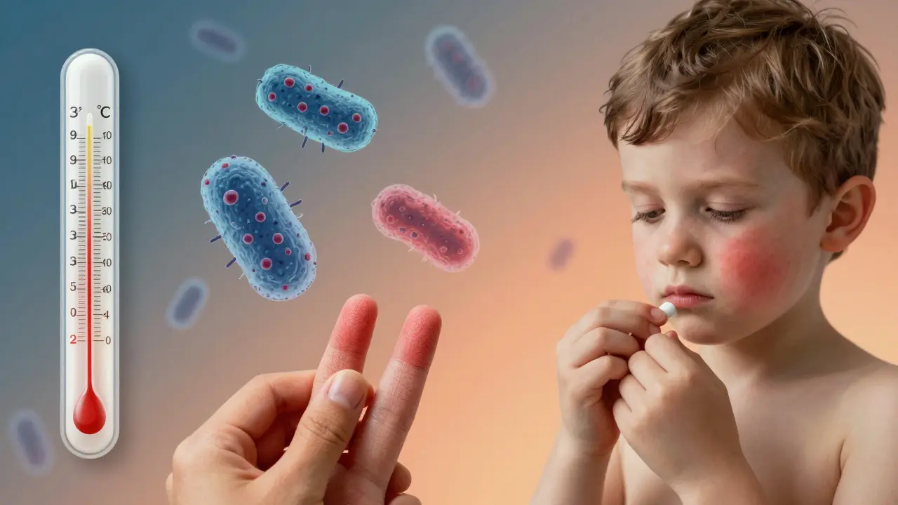Ilustrace fáze spály: horečka, bakterie, antibiotika a odlupující se kůže.