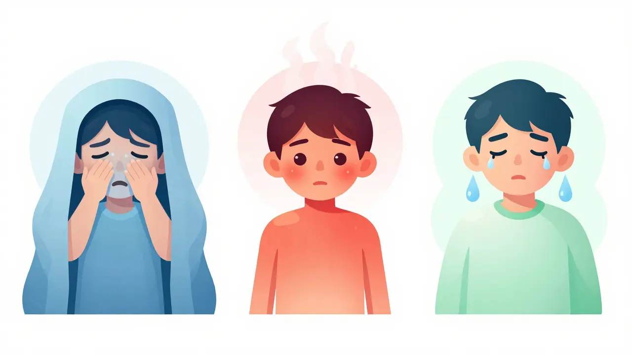 Ilustrace tří fází průběhu horečky u dítěte