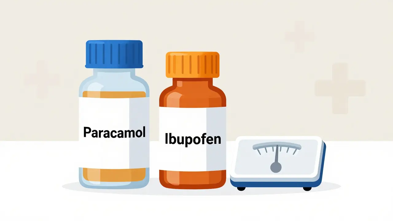 Láhev paracetamolu a ibuprofenu s váhou