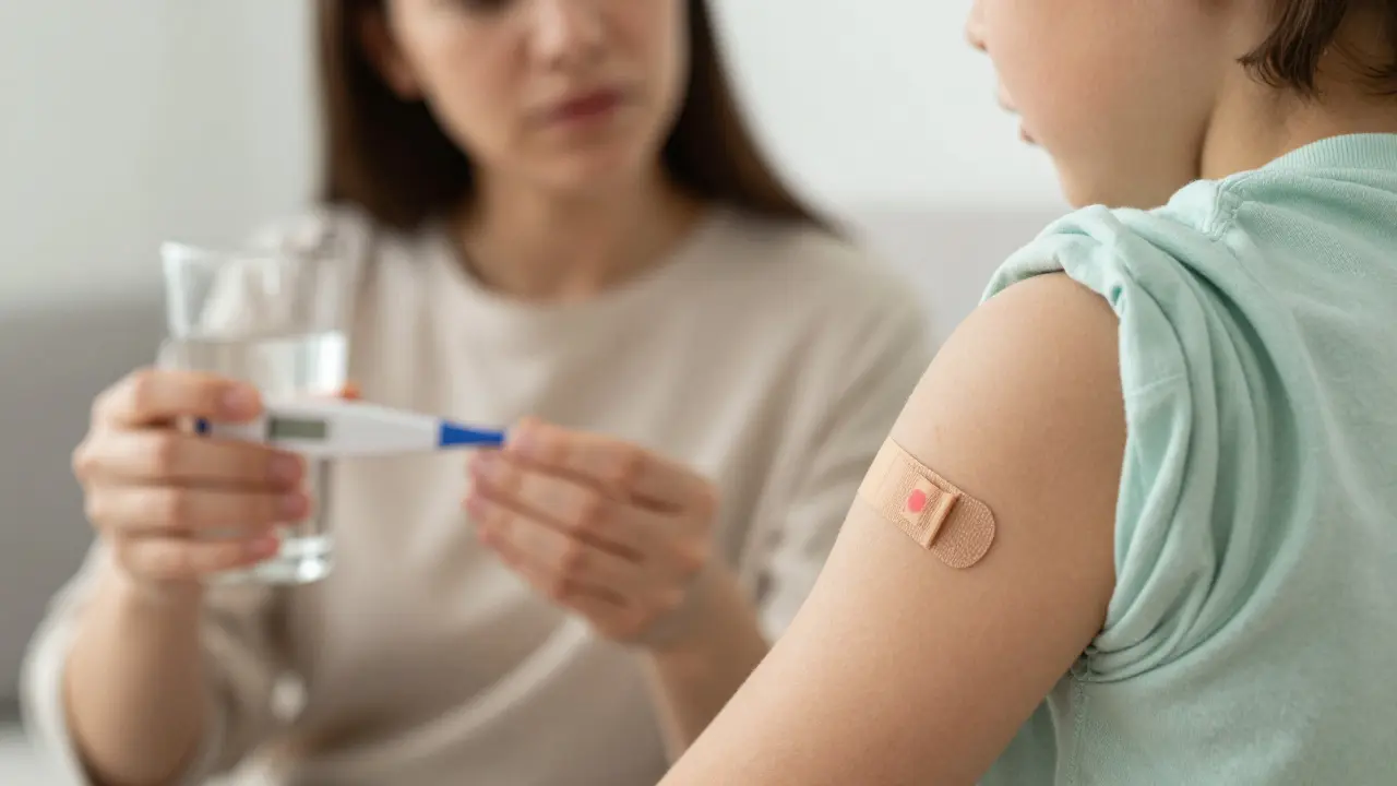 Ruka dítěte po vakcinaci s náplastí a teploměrem na pozadí