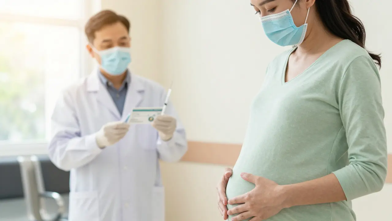 Těhotná žena s rouškou v čekárně lékaře, ochrana před infekcí