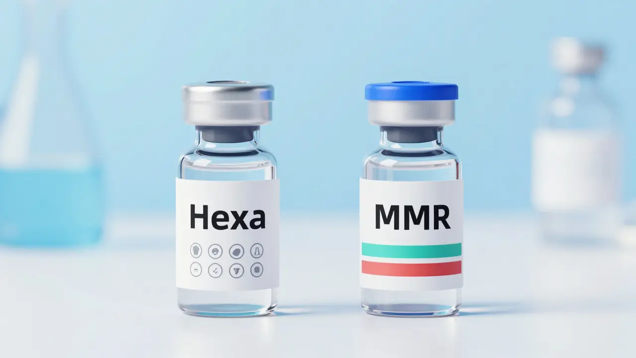 Dvě lahvičky vakcín vedle sebe ilustrují rozdíl mezi Hexou a MMR