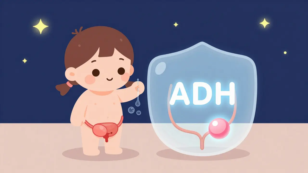Ilustrace biologického procesu nočního močení a hormonů