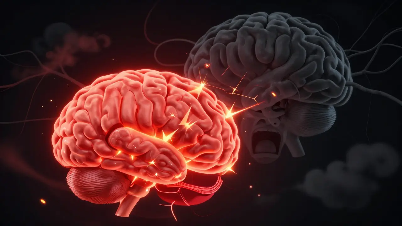 Ilustrace mozku: aktivní amygdala a vypnutá logika