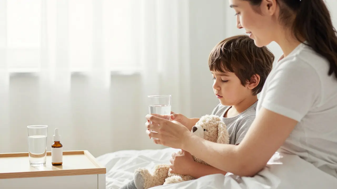 Máma podává nemocnému dítěti vodu pro hydrataci doma