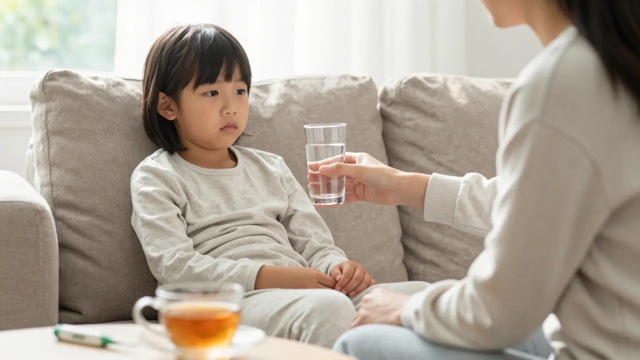 Matka podává vodu nemocnému dítěti doma pro hydrataci