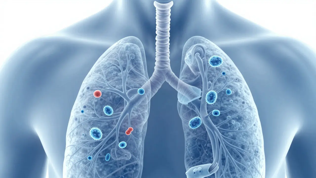 Schéma dýchacích cest s bakteriemi Bordetella pertussis