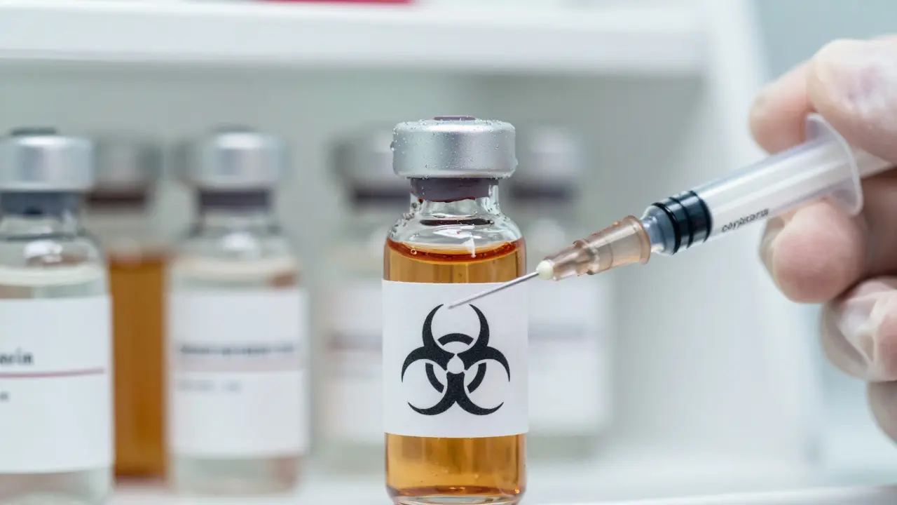 Záběr na lahvičky séra a antibiotika pro léčbu záškrtu