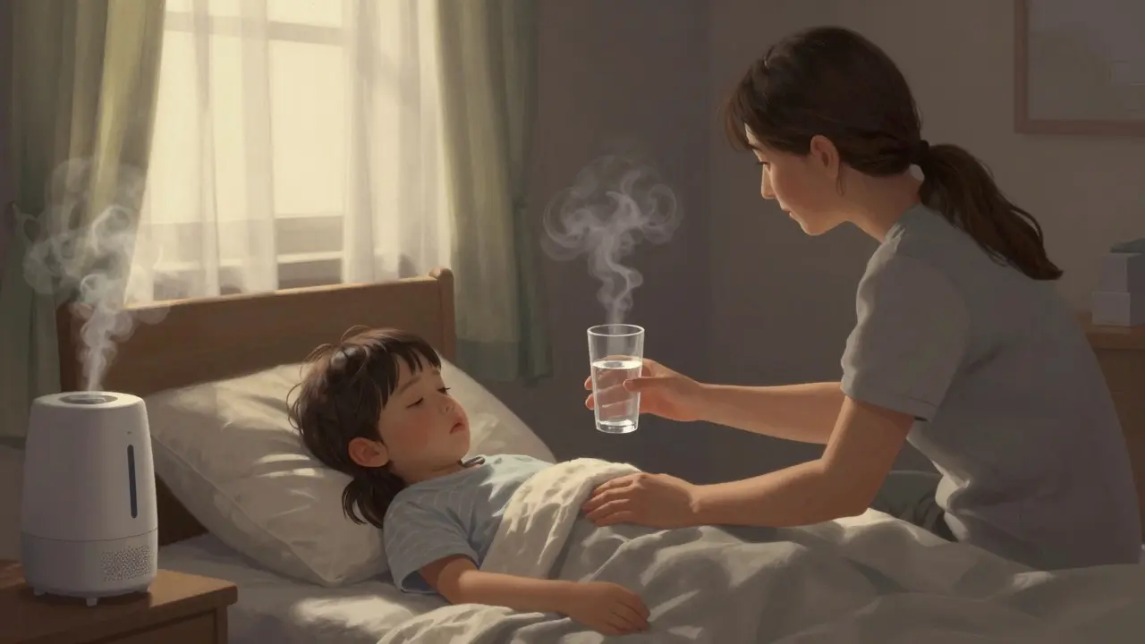 Choré dítě v tmavém pokoji pije vodu pod dozorem rodiče