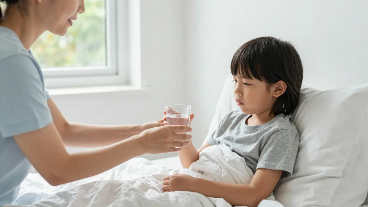 Matka nabízí nemocnému dítěti vodu pro hydrataci