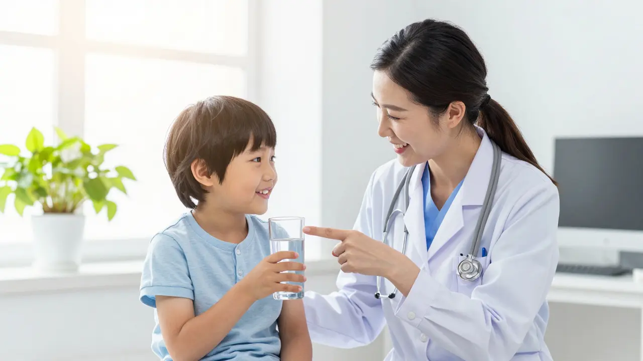Pediatr ukazuje dítěti sklenici vody jako prevenci infekcí