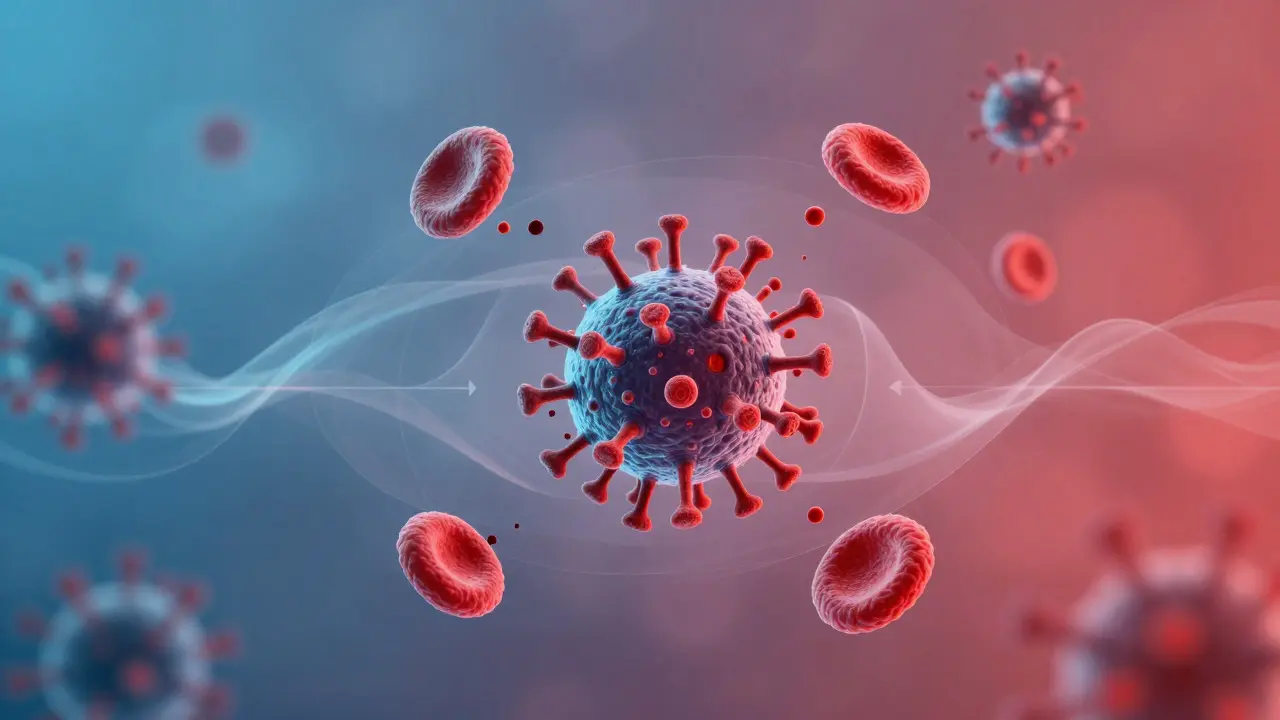 Abstraktní ilustrace imunitní reakce těla na virus v průběhu času