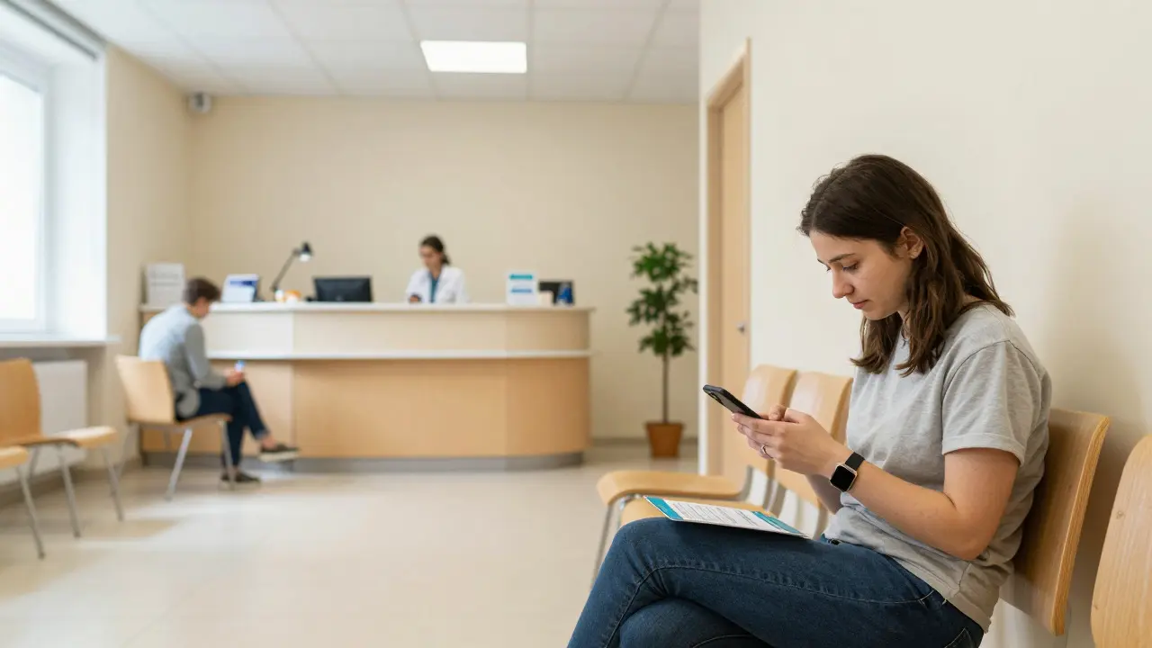 Člověk čekající v ordinaci a kontrolující si záznamy o očkování na mobilním telefonu