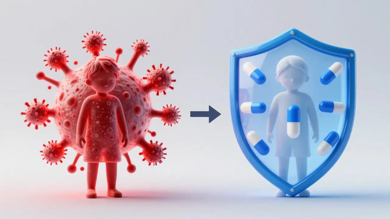 Konceptuální zobrazení nakažlivosti před a po antibiotikách
