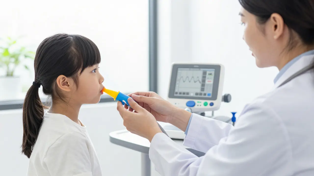 Lékař provádí spirometrii na dítěti pomocí moderního přístroje v ordinaci.