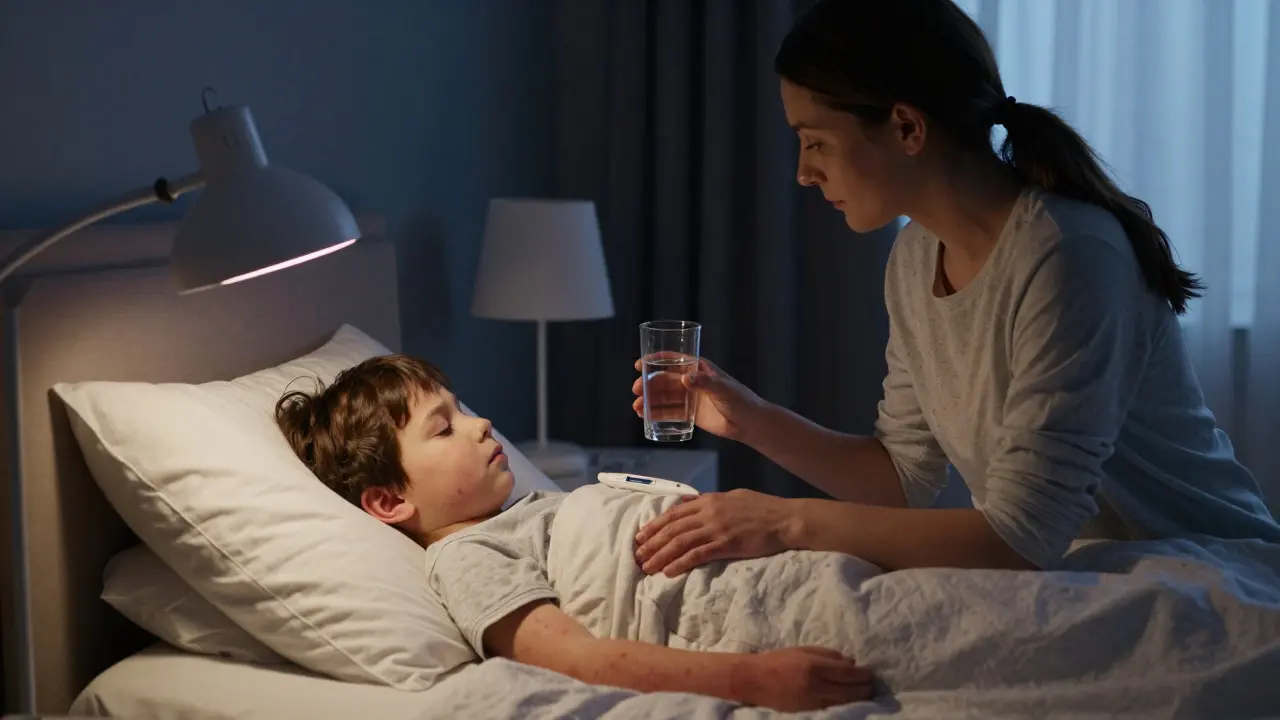 Matka péči o nemocné dítě v tmavé ložnici, podávání tekutin a odpočinek