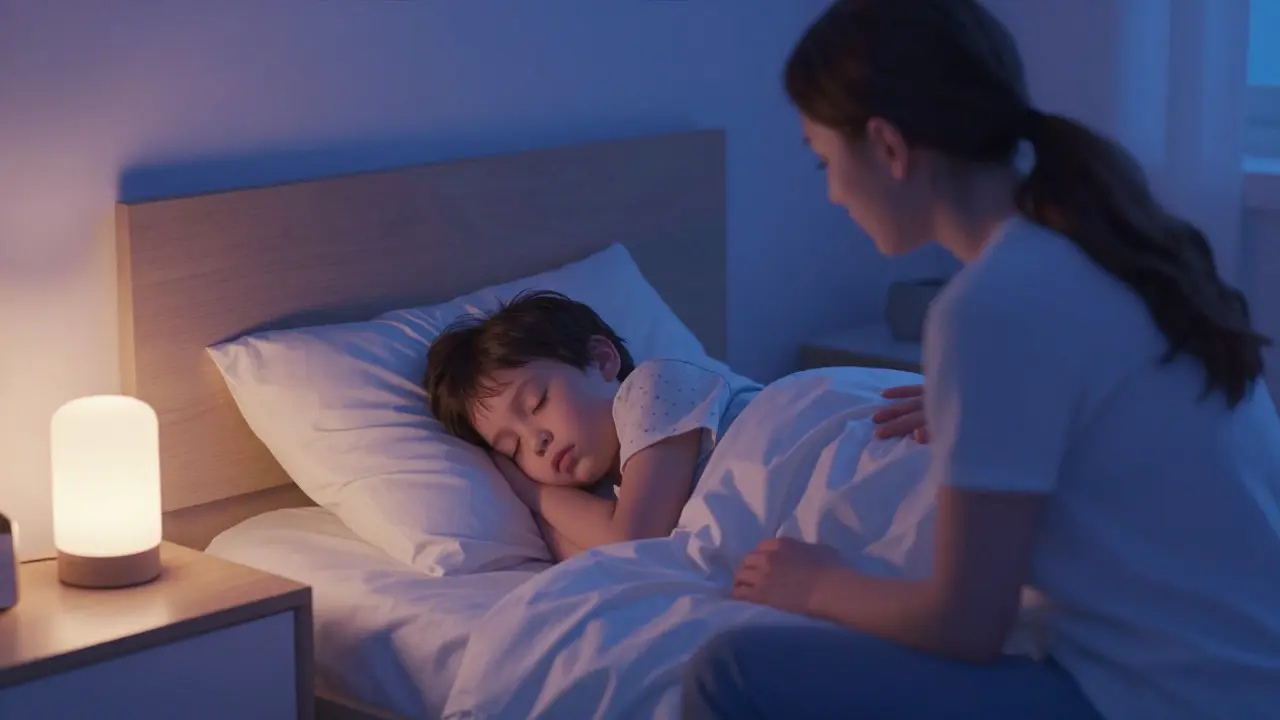 Podpůrný rodič sedí vedle spícího dítěte při řešení nočního pomočování
