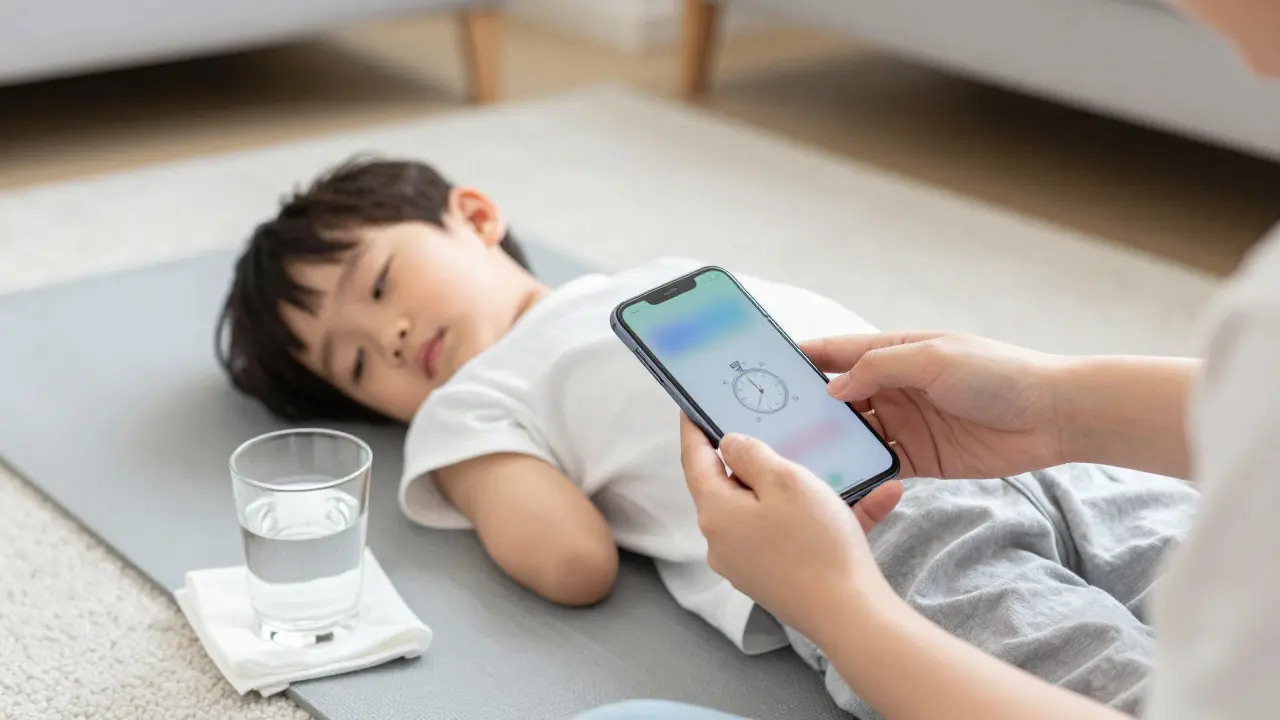 Ruce rodiče drží telefon s stopkami a připravují péči o dítě