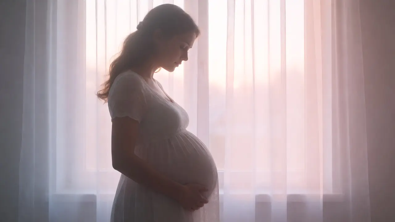 Těhotná žena stojící u okna v měkkém světle
