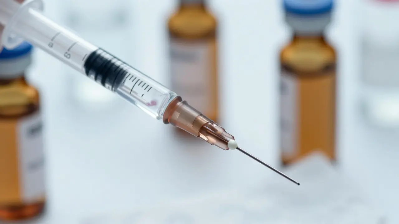 Záběr zblízka na stříkačku s vakcínou v laboratoři