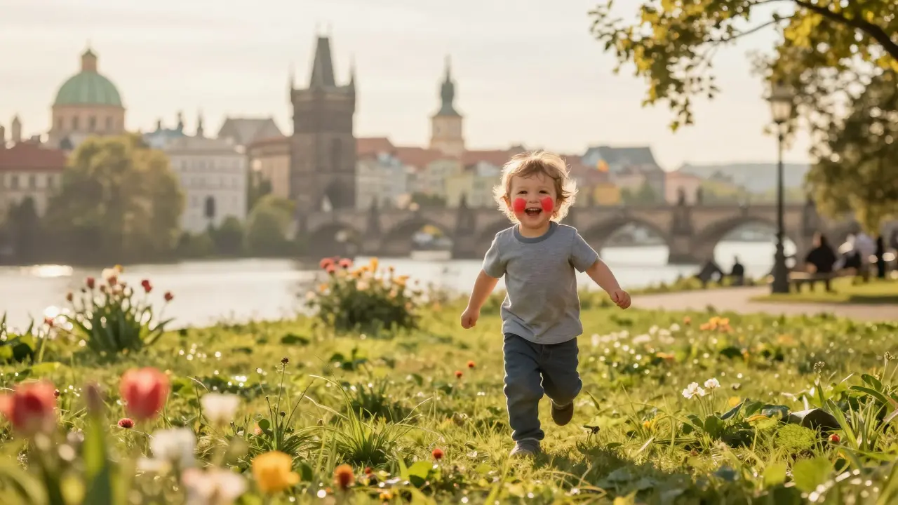 Zdravé dítě hraje na slunném pražském nábřeží