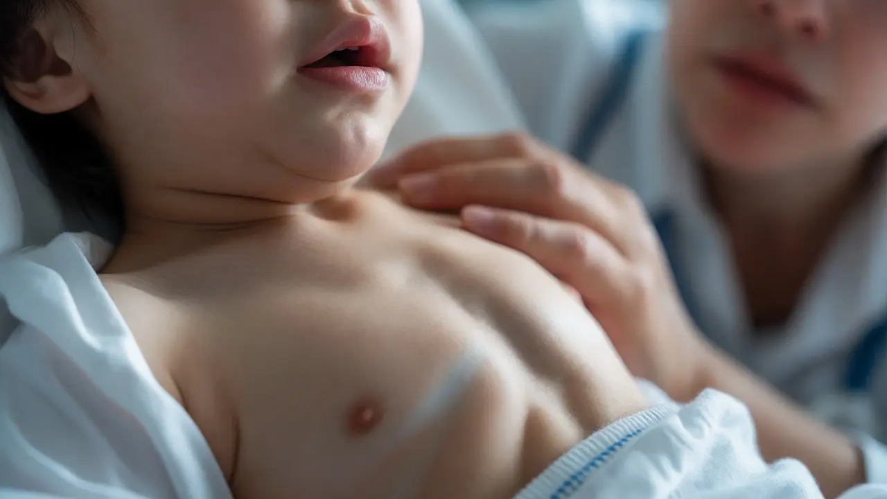 Detail dýchacích potíží u dítěte s viditelnými vtahy mezi žebry.