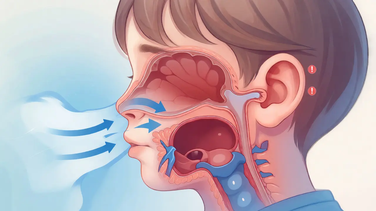 Ilustrace anatomie dětského nosu a ucha znázorňující správný proud vzduchu při smrkaní.