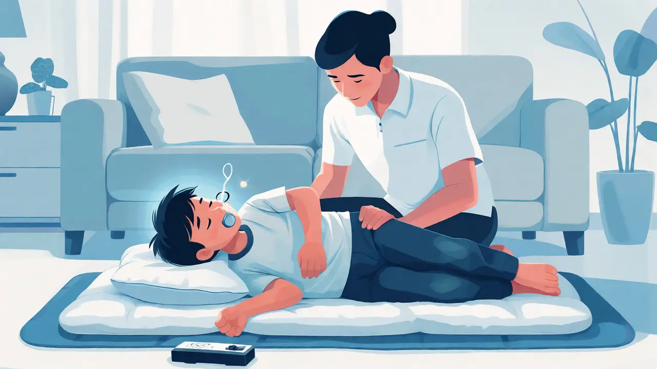 Ilustrace správné první pomoci: dítě leží na boku v bezpečné poloze po křečích.