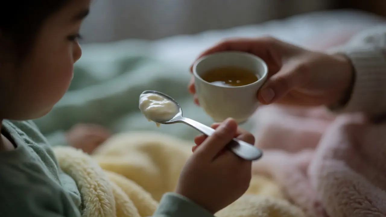 Podávání jemného jogurtu s banánem nemocnému dítěti