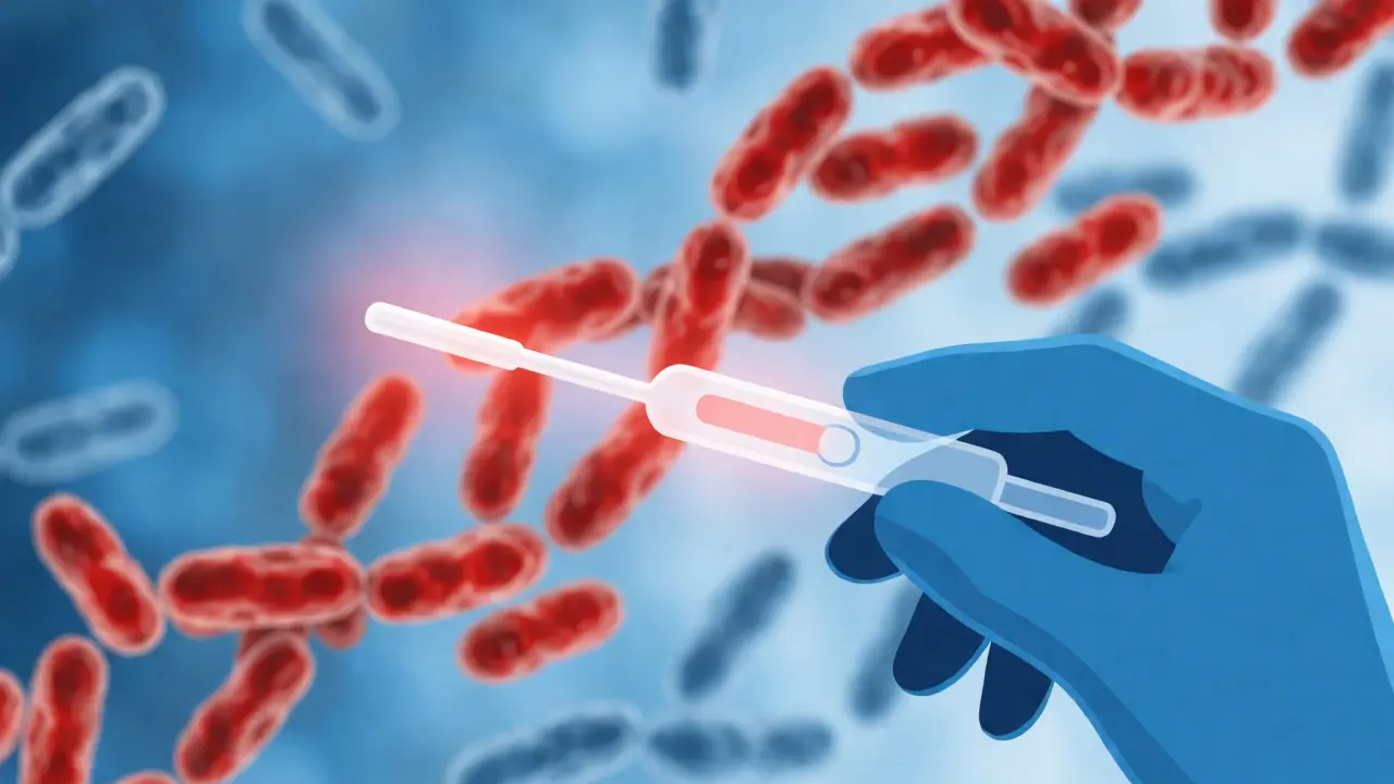 Rychlý test na streptokoky s abstraktním zobrazením bakterií v pozadí.