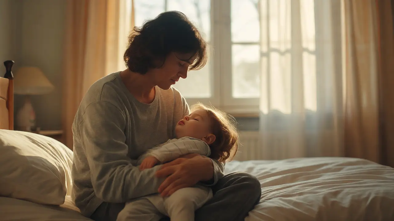 Unavený rodič drží spící dítě v jasně osvětleném pokoji