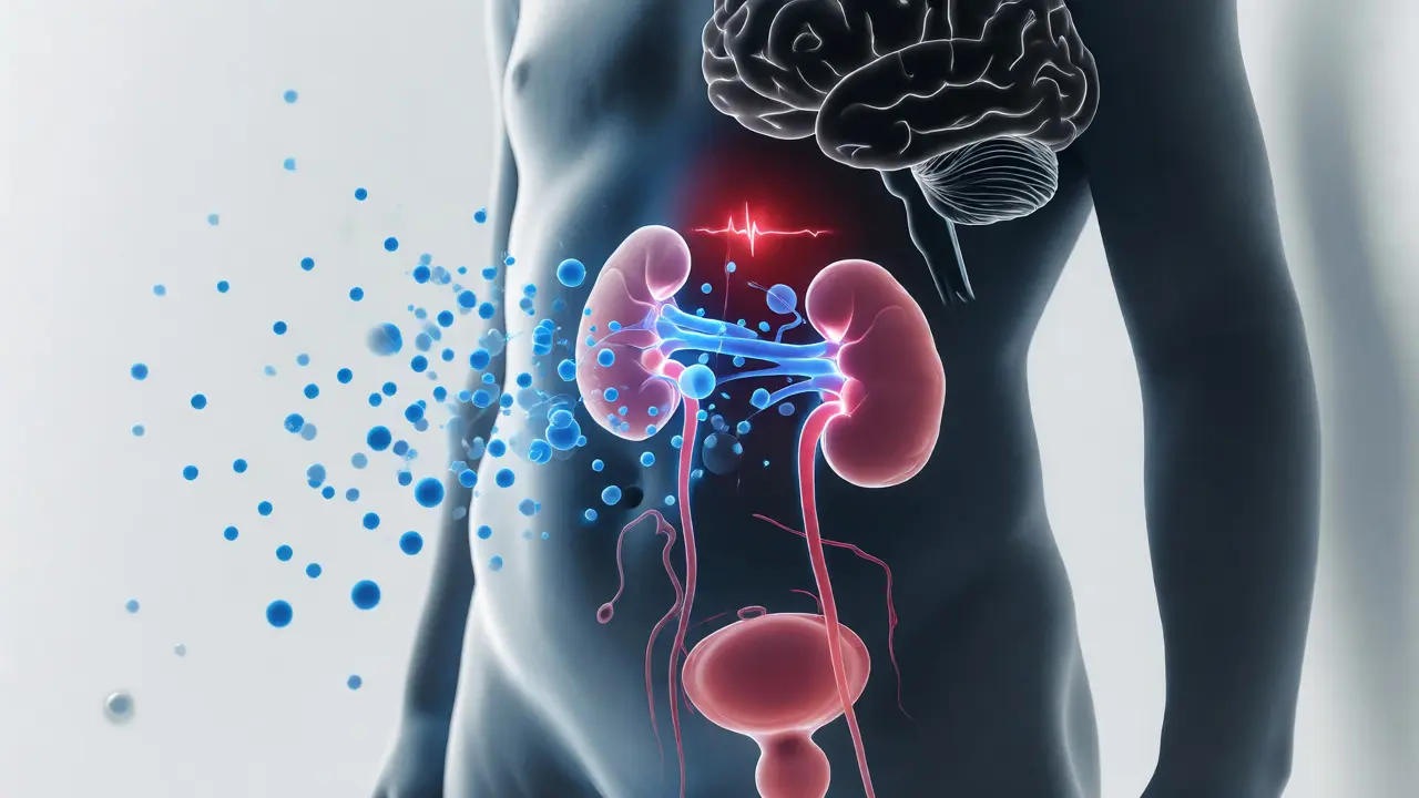 Anatomická ilustrace močového měchýře a signálů do mozku