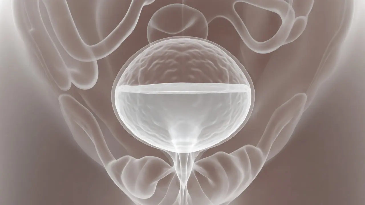 Anatomický 3D model plného močového měchýře v břišní dutině