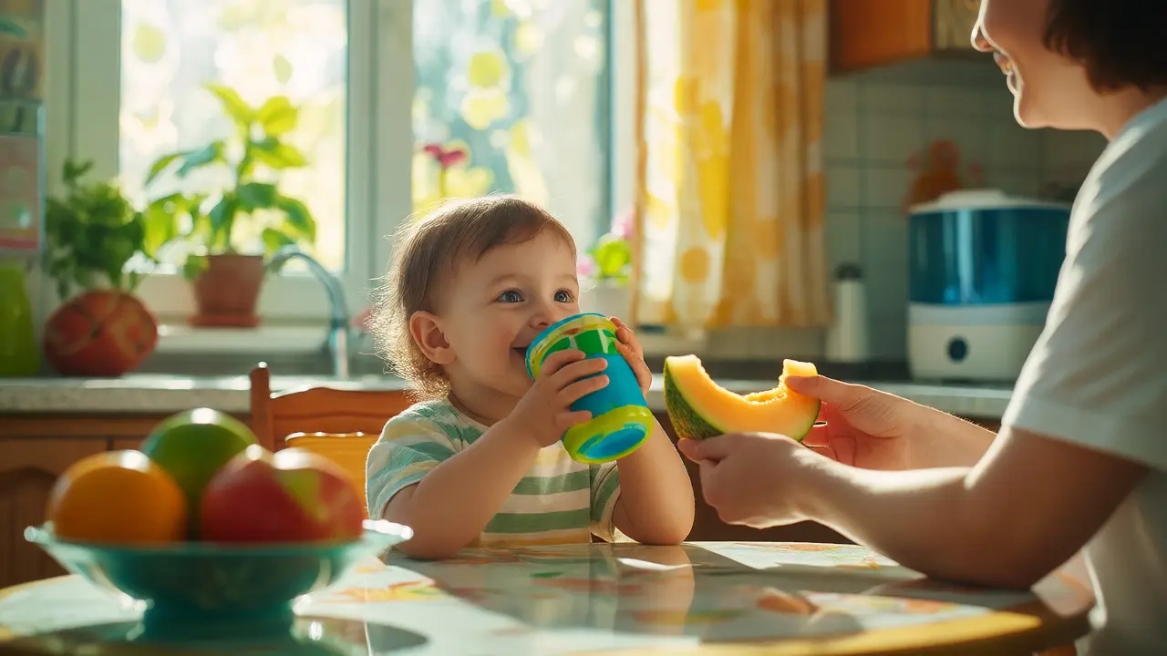 Dítě pije tekutiny a jí ovoce pro hydrataci při rekonvalescenci
