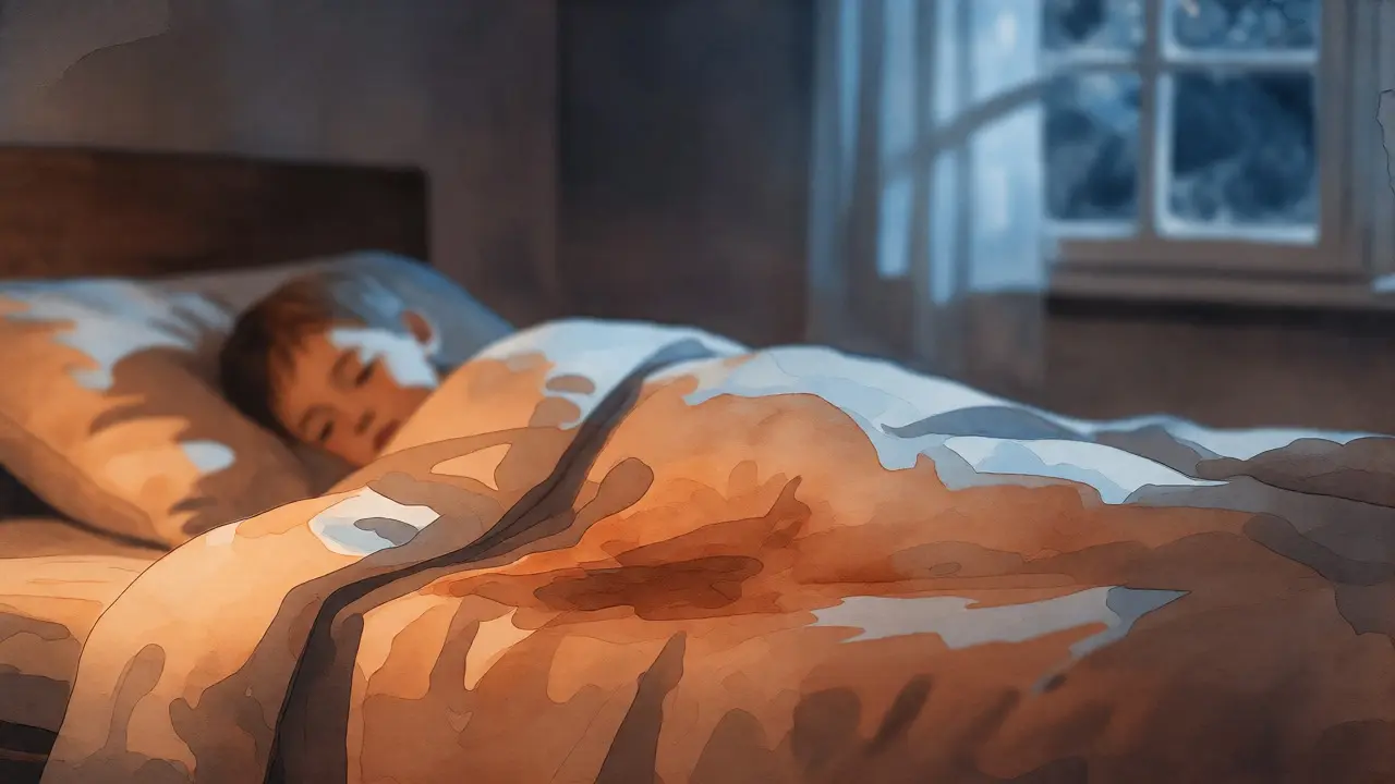 Dítě spící v posteli s mírně navlhlým povlečením ve světle měsíce