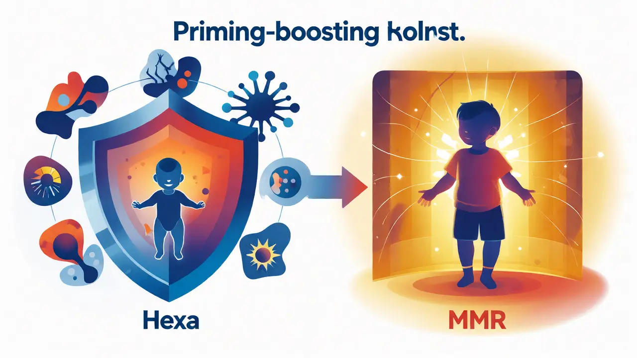 Ilustrace imunitní strategie: ochrana Hexou přecházející do posílení MMR